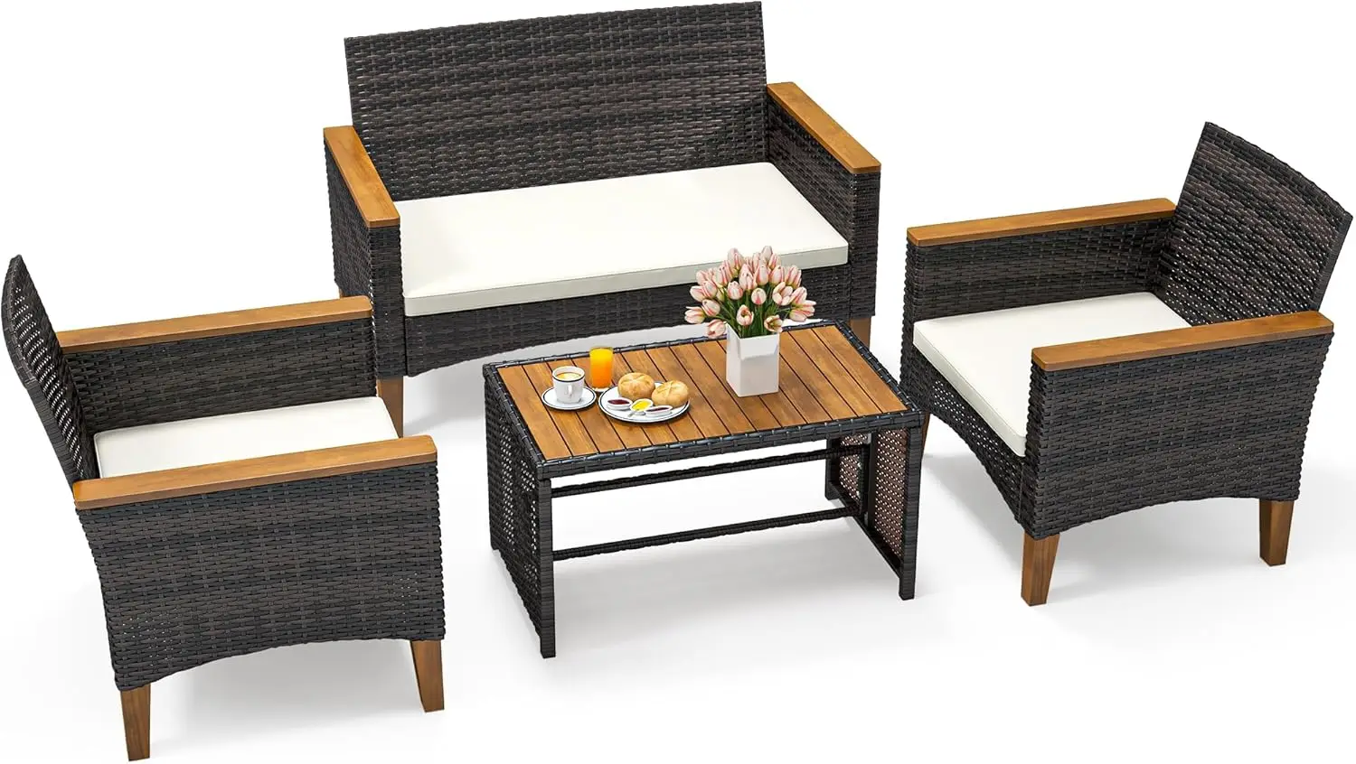 Yitahome Wooden Armrest 4-Piece Patio Furniture Set, All-Weather Outdoor Furniture Rattan Wicker Conversation Set With Wooden