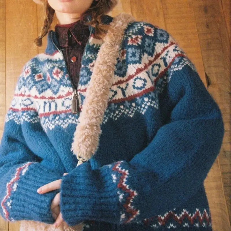 

Girl Fair Isle Jacquard Sweater Autumn Winter Retro Cardigan Coat Loose Soft and Sticky Keep Warm Tops Preppy Style Knitwear