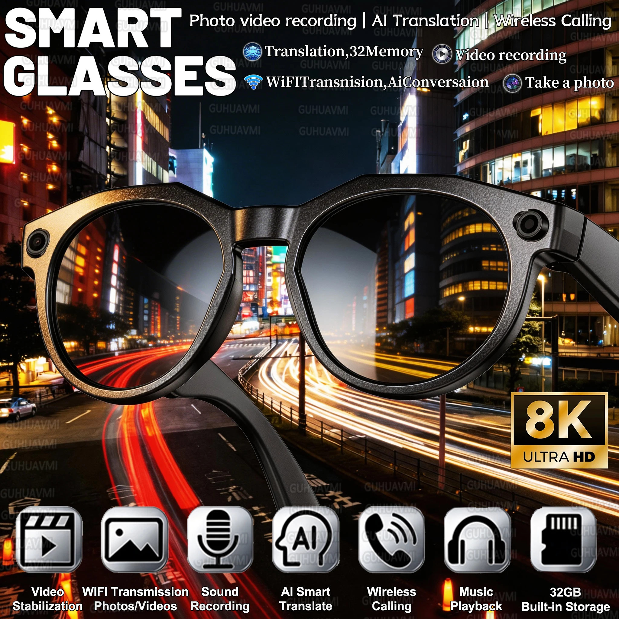 

Новые смарт-очки 2026 года с ИИ-камерой 8K HD 800 МП, функцией звонков по Bluetooth, голосовым помощником, переводом и памятью 32 ГБ для мужчин и женщин