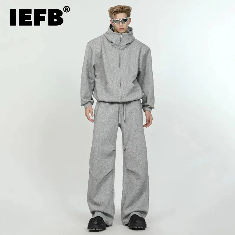 

IEFB Minimalist Men's Two-piece Casual Zippers Long Sleeve Hoodie Wrinkle Elastic Waist Wide Leg Male Pants Trend Summer 9C6540