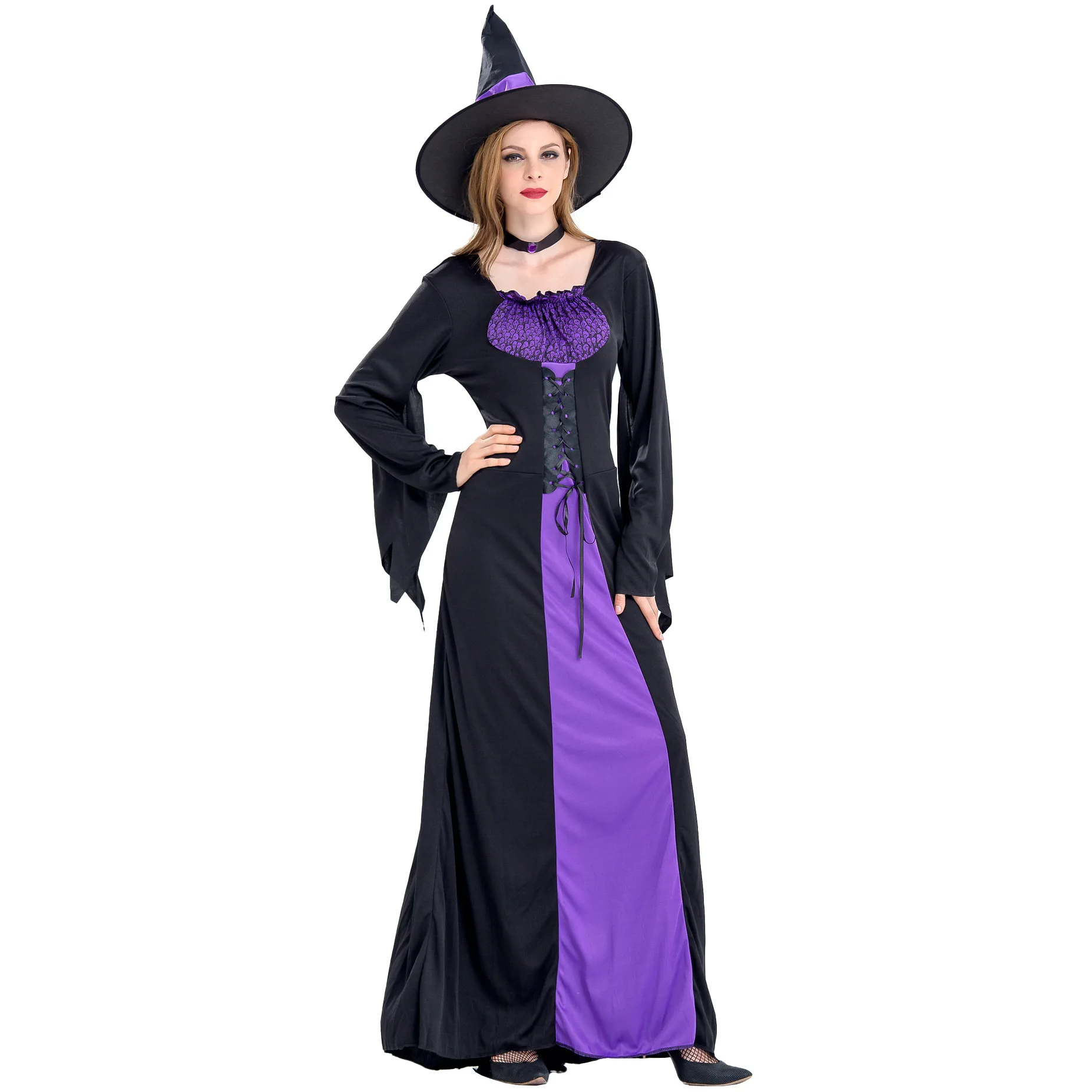 

Halloween Gothic Witch Costume Women Vampire Cosplay Dress up Clothes Stage Show Party Outfit 2025 Hat Long Dress Purple Black