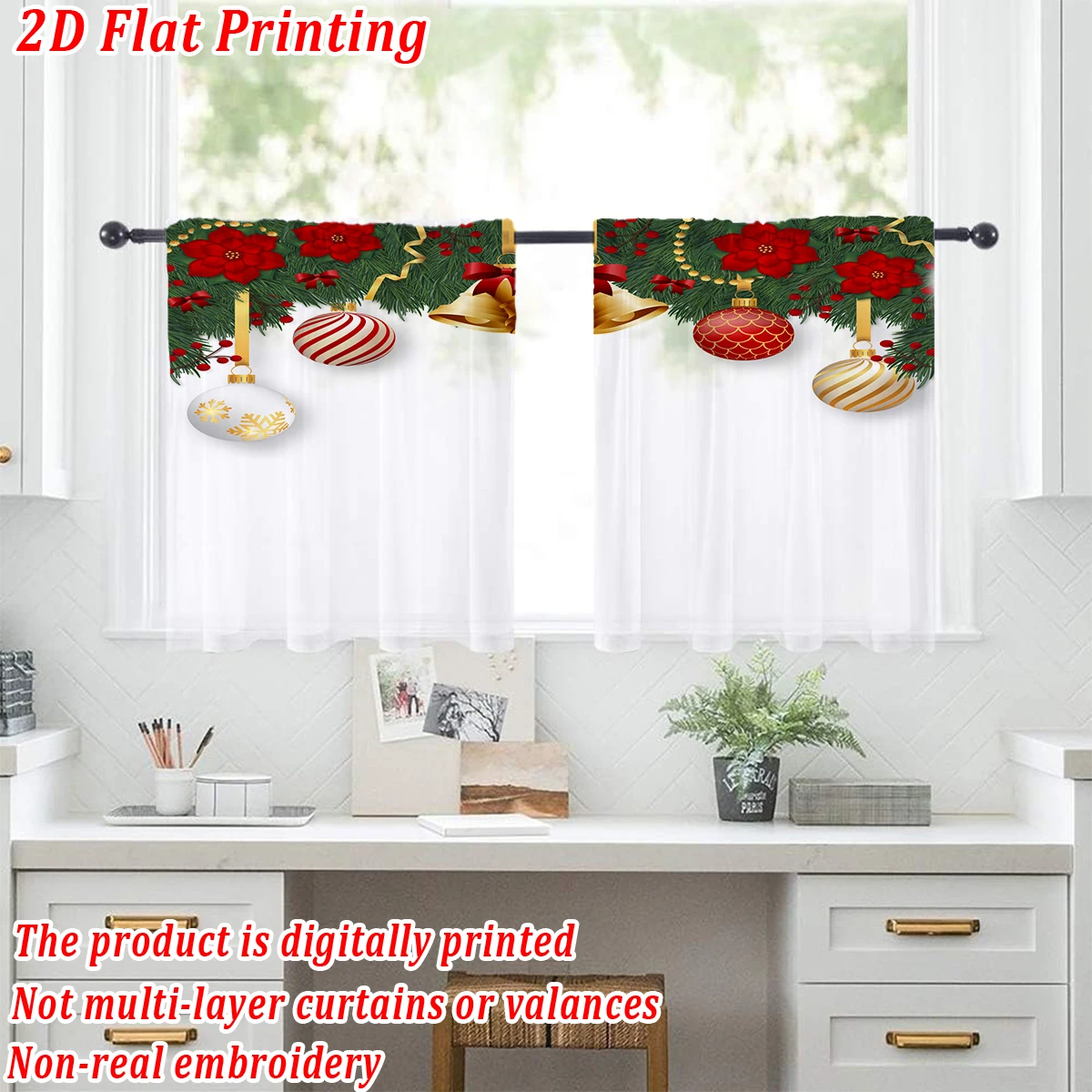 ستارة شفافة للمطبخ بطباعة مسطحة لعيد الميلاد مع كرة عيد الميلاد، جرس البونسيتة، فرع الصنوبر لحفلات ديكور المنزل في عيد الميلاد #2