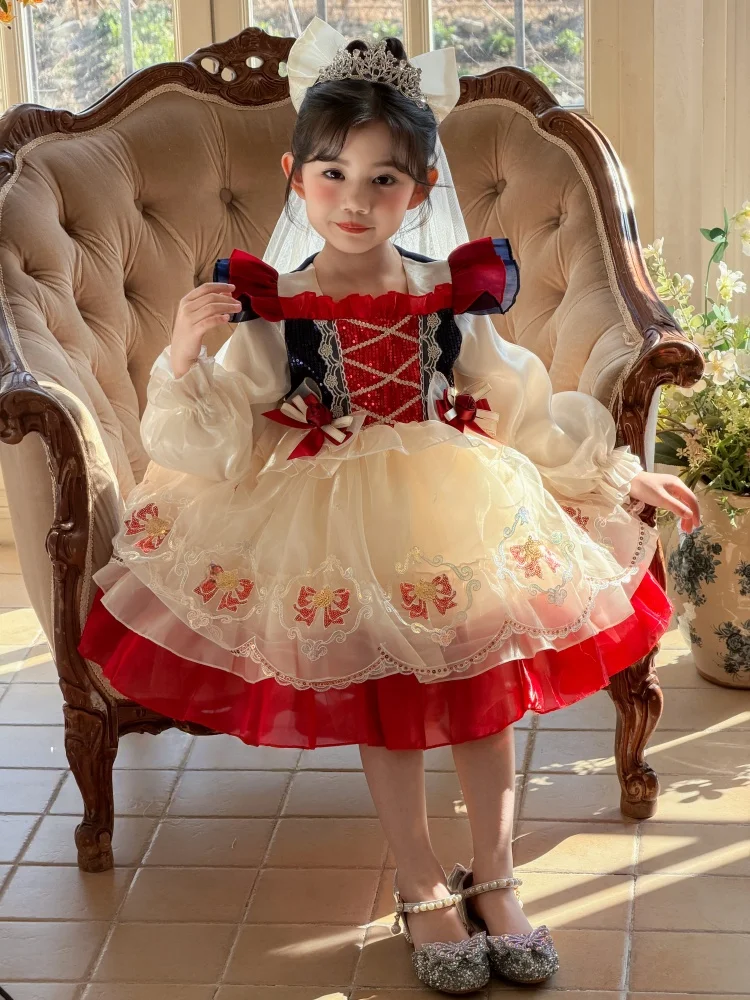 Vestido de Aniversário Estilo Princesa para Meninas, Novo Vestido Elegante de Manga Bufante em Tule Lolita Branco Neve para C...