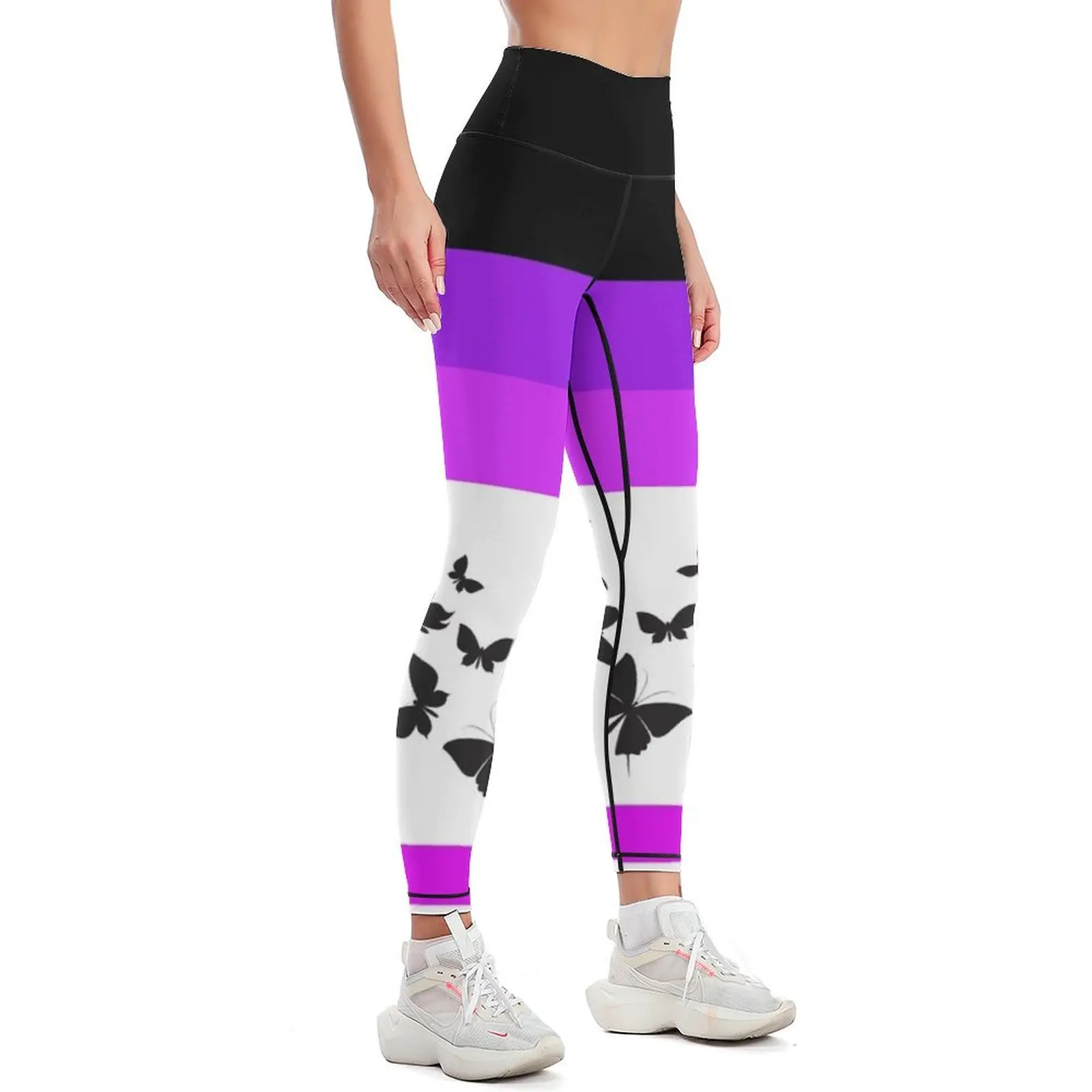 Shades of Purple and White with Black Butterflies Flying Away Leggings Women's push up leggins push up woman Womens Leggings