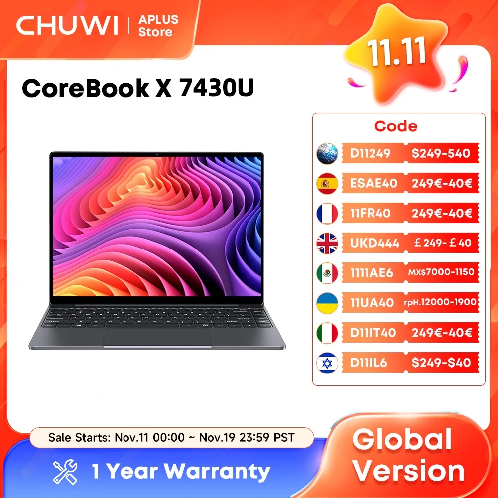 

Игровой ноутбук CHUWI CoreBook X, 14,1-дюймовый FHD IPS-экран AMD R5-7430U, 16 ГБ оперативной памяти DDR4, 512 ГБ SSD, Windows 11, Wi-Fi6, ноутбук
