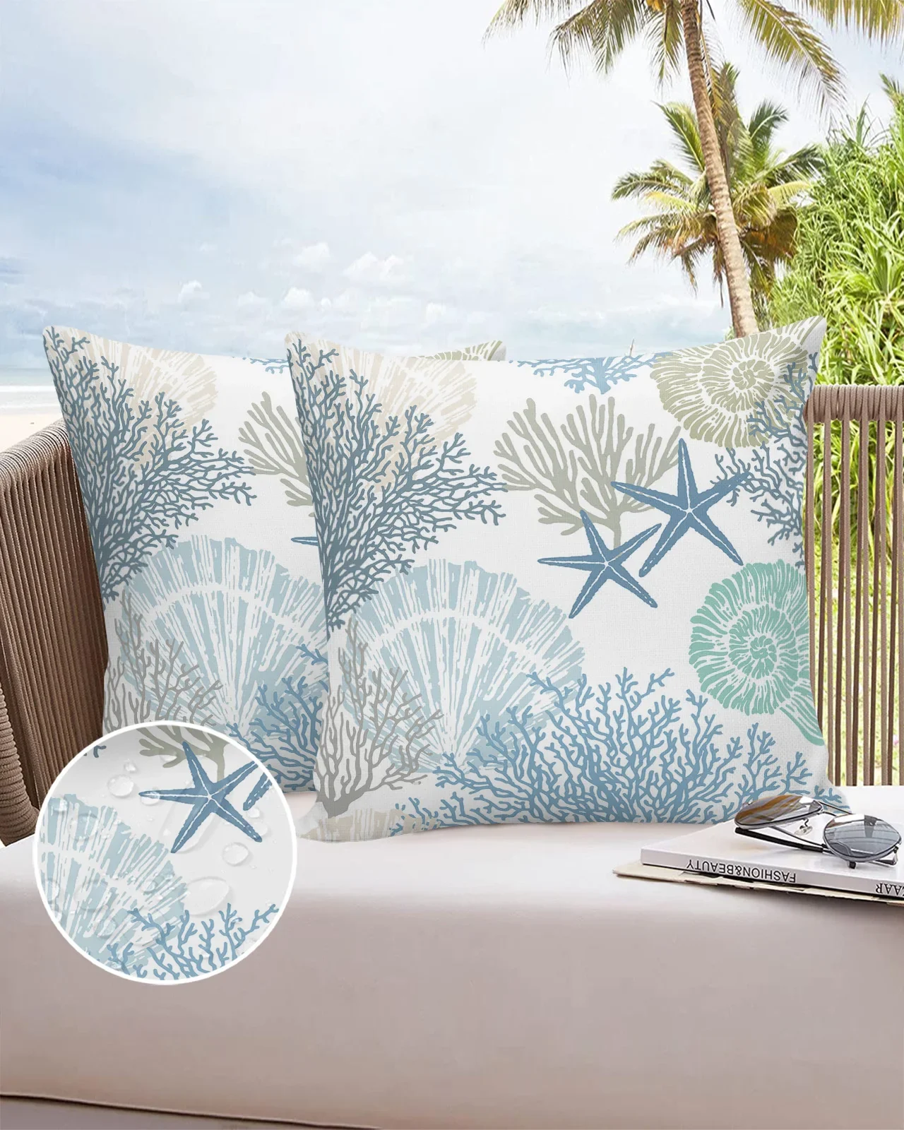 

Blue Marine Coral Shells Starfish 2/4PCS Outdoor Pillowcase Waterproof Pillow Cover Case Garden Patio Cushion Covers Home Decor