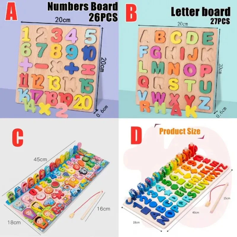 Montessori Educational Wooden Toys for Kids Board Math Fishing Count Numbers Character Letters Matching Digital Shape Match