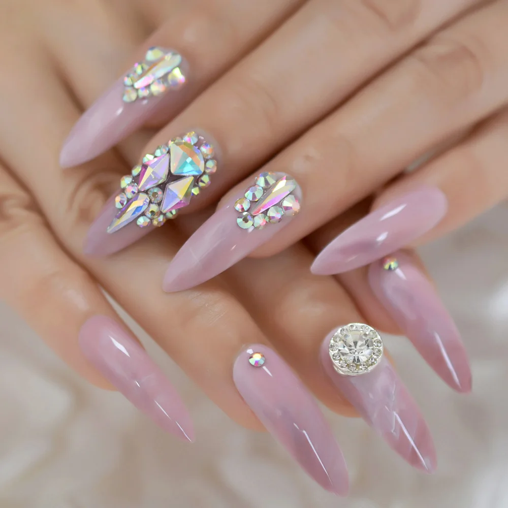 3D Rhinestone Luxery Extra Long Stiletto False Nails Tips Pointed Sharp Stilettos Fake Nail Marble Pink Gel Press on Nails