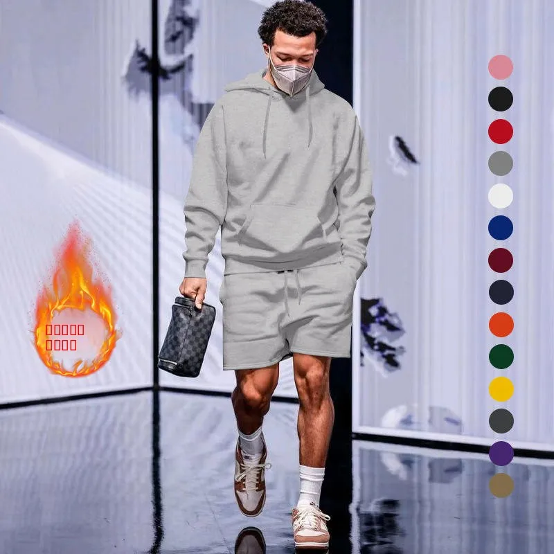 Conjunto de Sudadera con Forro Polar y Pantalones Cortos para Hombre, Manga Larga, Ropa Casual, Colección Otoño, Talla Juvenil, Tejido Cómodo y Transpirable