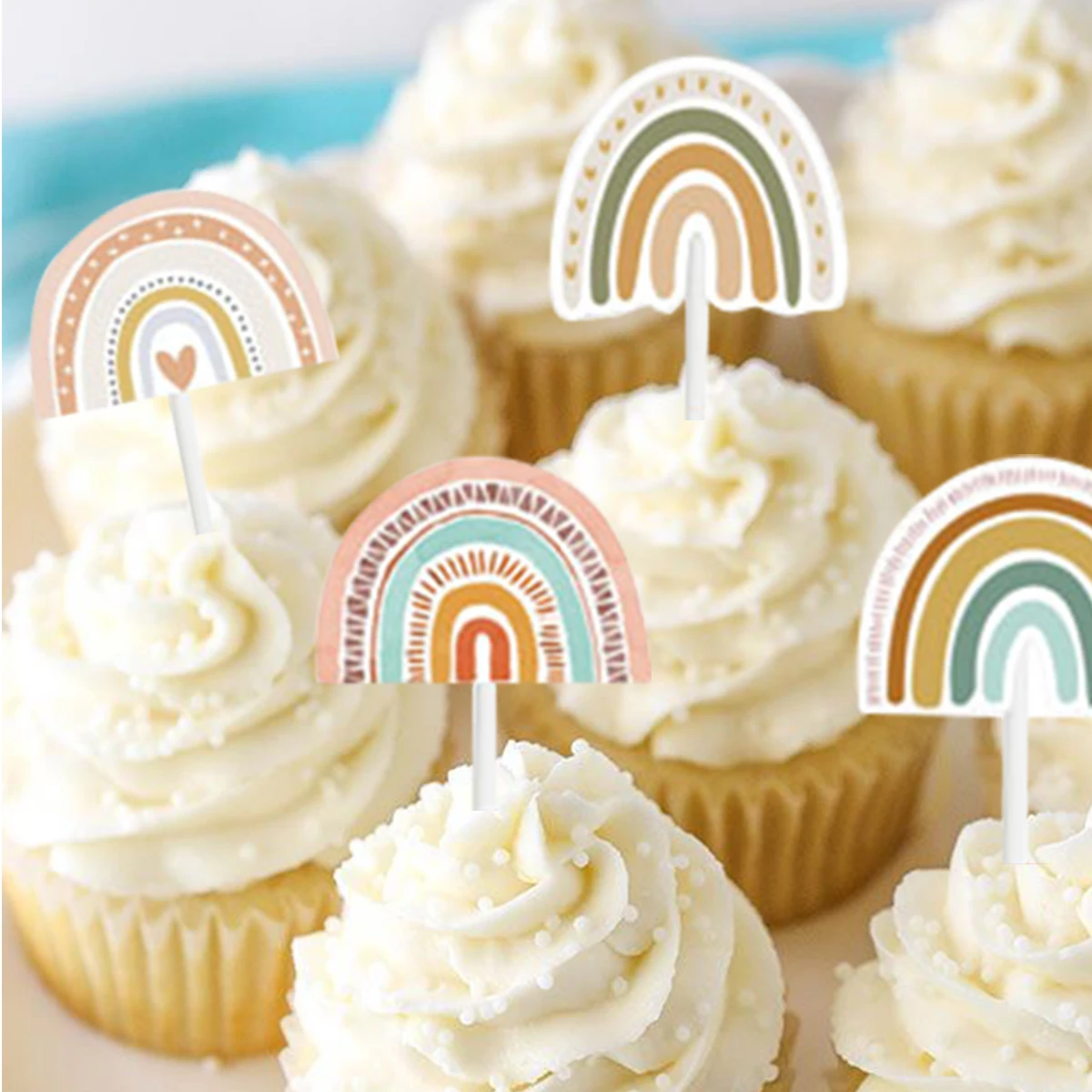 12pcs Boho Rainbow Bohemian Cake Toppers Girl Boy Birthday Wedding Baby Shower Party Supply Cupcake Topper Boho Theme Party Deco