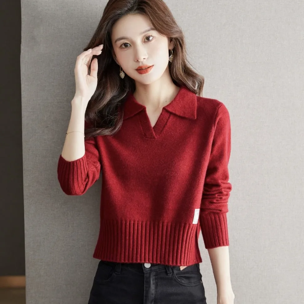 ort Red Knitted Sweater Women's Base irt Spring Autumn Flip Collar Small Size Lady's Top Warm Pure Color Commute Sle
