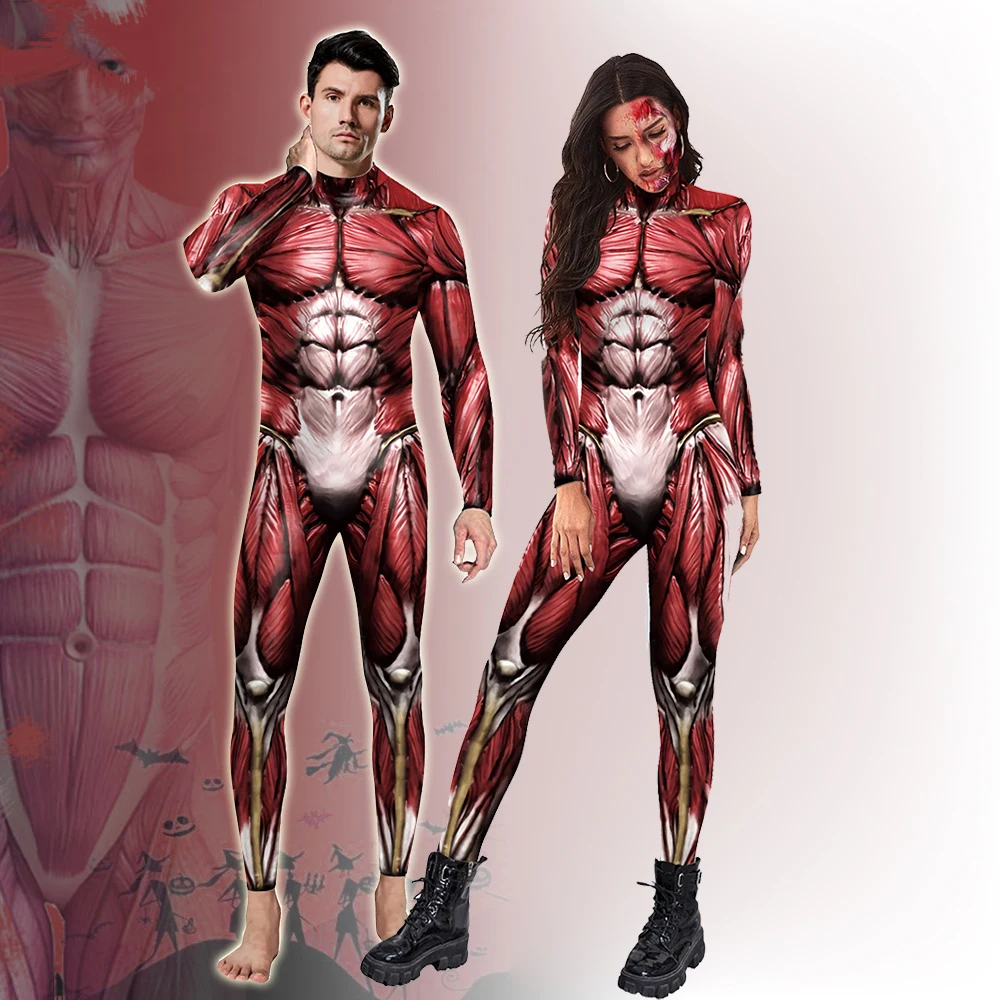 Women Men Human Body Muscle 3D Print Jumpsuit Elastic Tight Bodysuit Halloween Party Cosplay Costumes Role Play Up Outfit