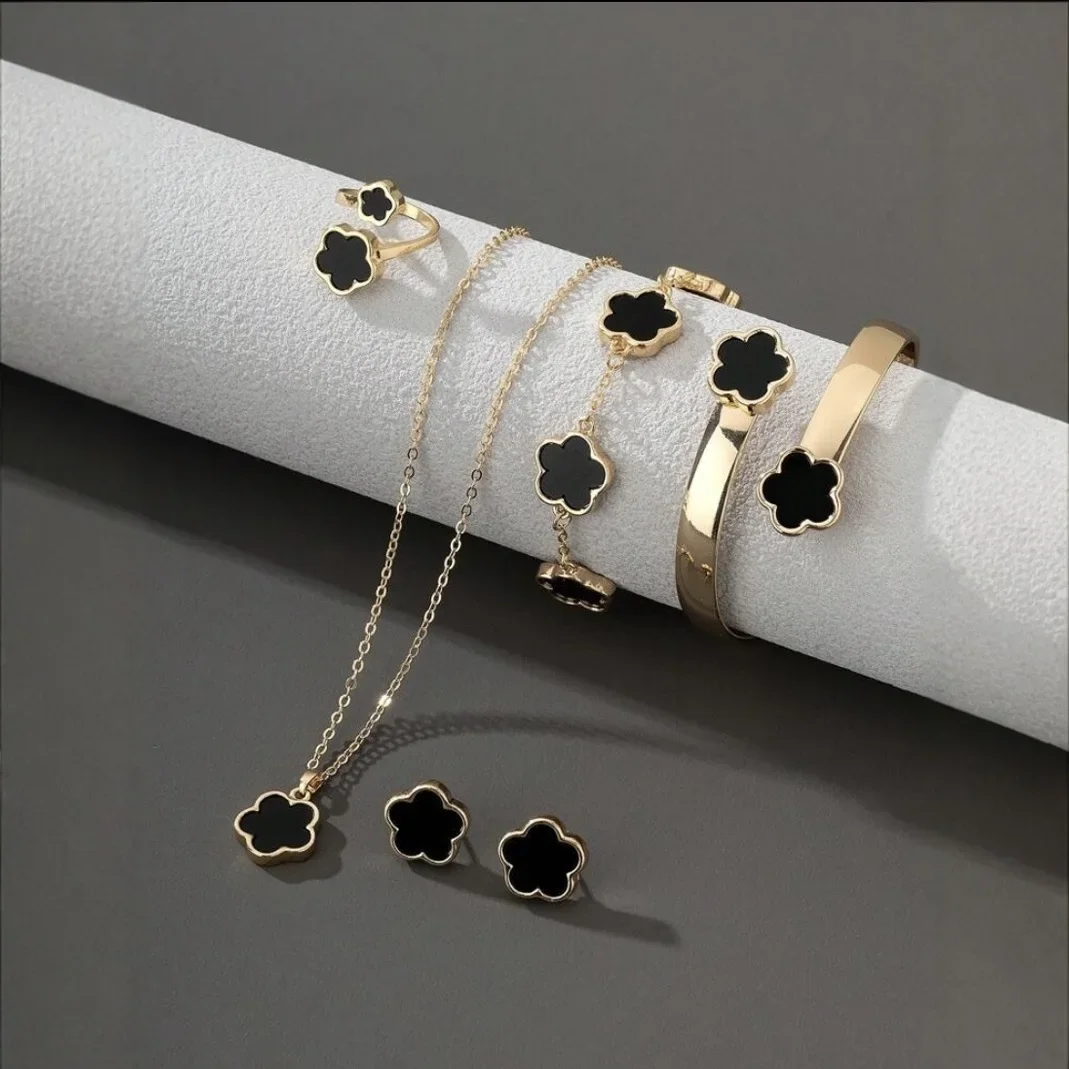 5 Pcs Small Flower Style Necklace Stud Earrings Charm Bracelt for Women Brown Green Outline Pedndant Gold Color Chain Jewelry