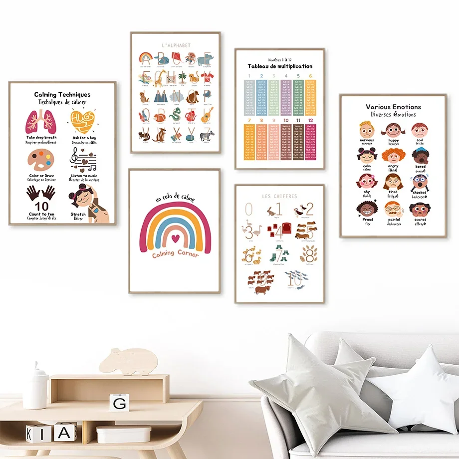 

Child Emotion French Alphanumeric Multiplication Table Poster Print Wall Art Mural Canvas Painting Pictures Baby Kids Room Decor