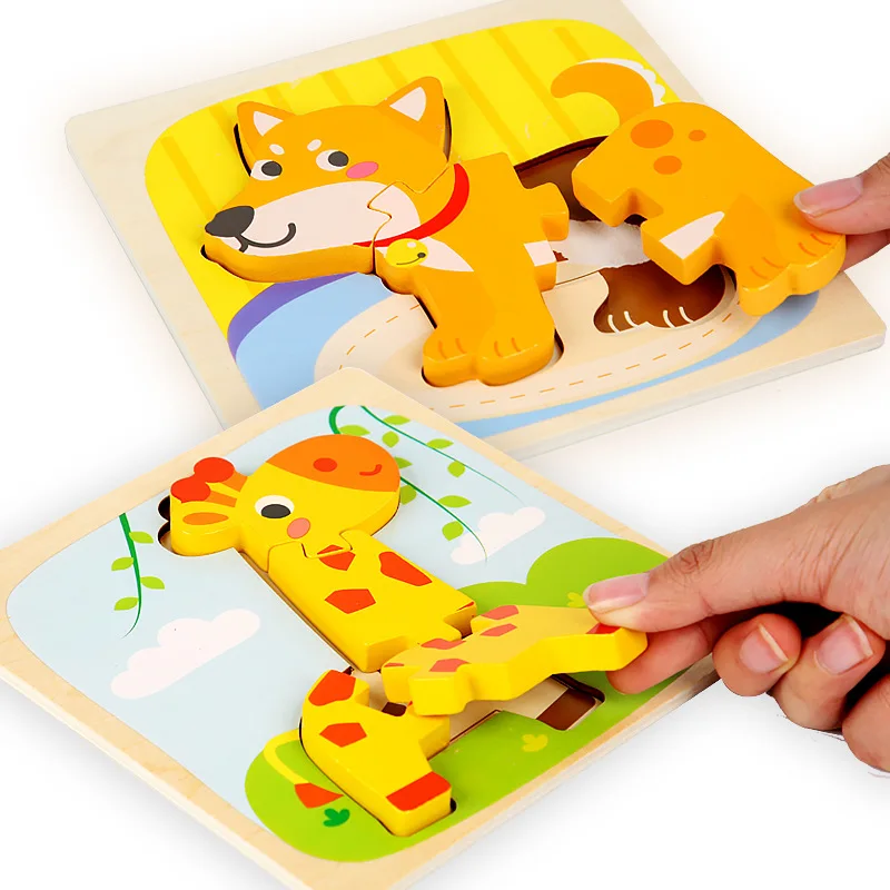 Spielzeug Holz Cartoon Puzzle 0-3 Jahre alte Kinder Früherziehung Block Training Konzentration Tier gepaart Puzzle 3D