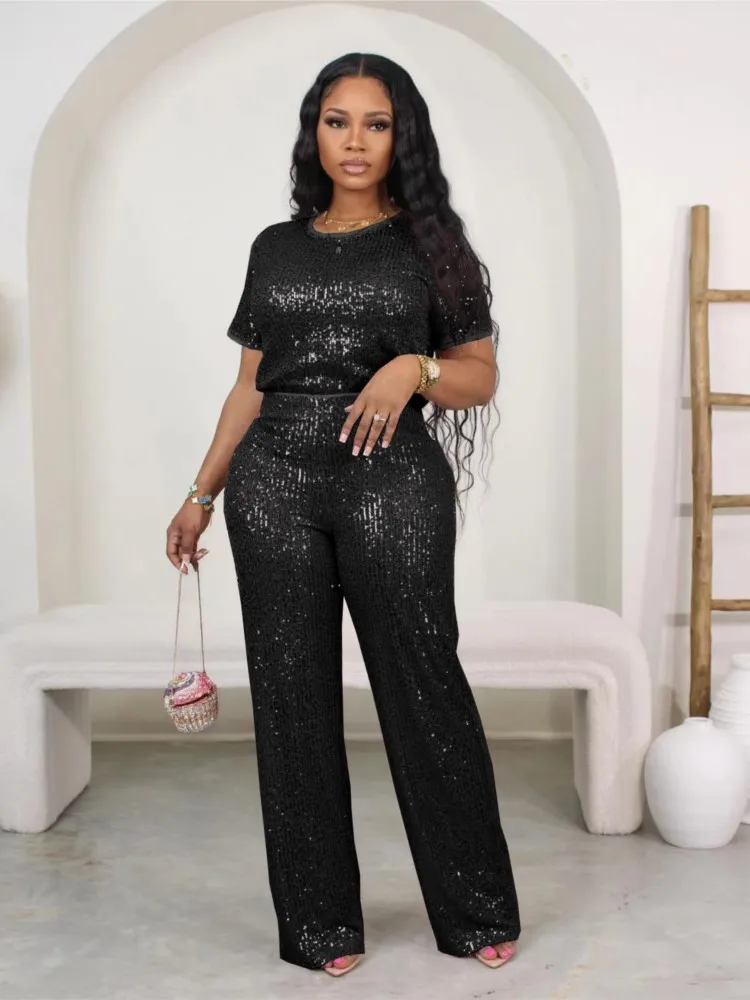 Spring Summer Two-piece Solid Color Short-sleeved Round Neck Bright + Wide-leg Pants Suit Casual Commuting Daily 2-pieces Set