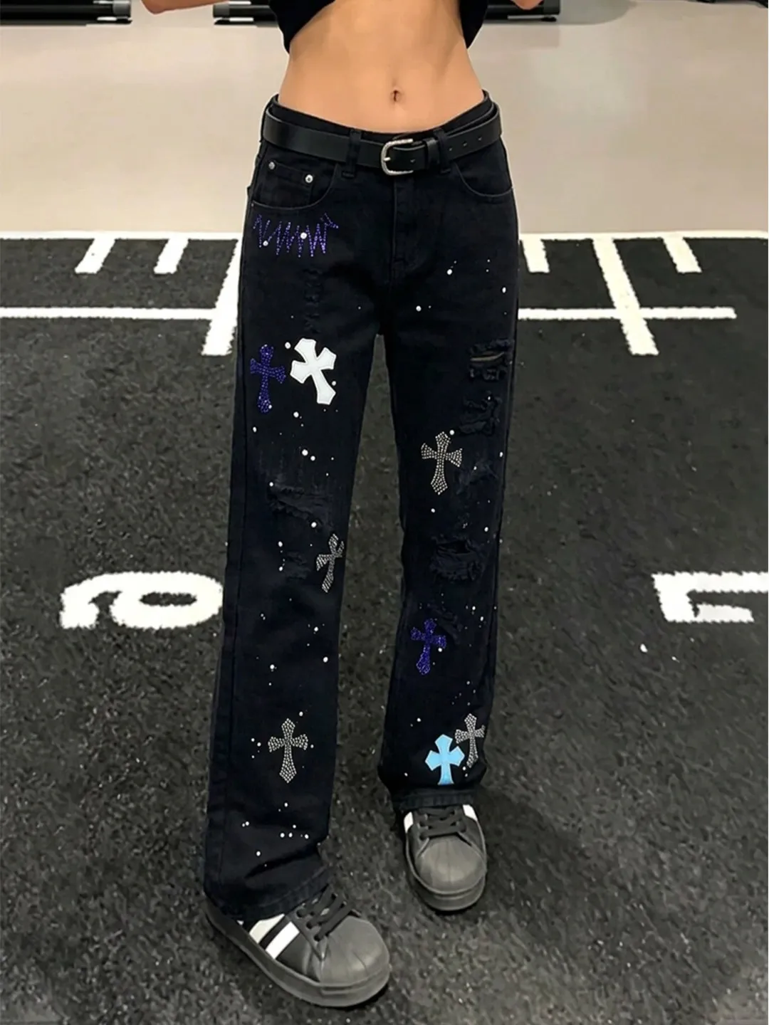 Slimming High Street Style Distressed Leather Patchwork Hole Punch Straight Leg Men's Jeans with Rhinestone Washed Effect