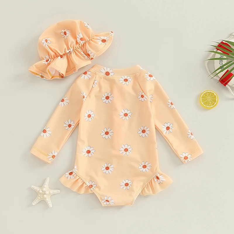 Baby Girls Swimsuit Long Sleeve Flower Print Zipped Bikini with Hat Outfit Newborn Swimwear for Summer Bathing Suit