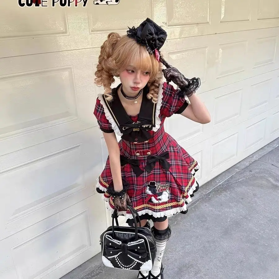 Sweet Lolita Plaid Dress Cute Puppy Embroidery Sailor Collar Academy Style Slim Fit Vintage Kawaii One Piece Green Checkered