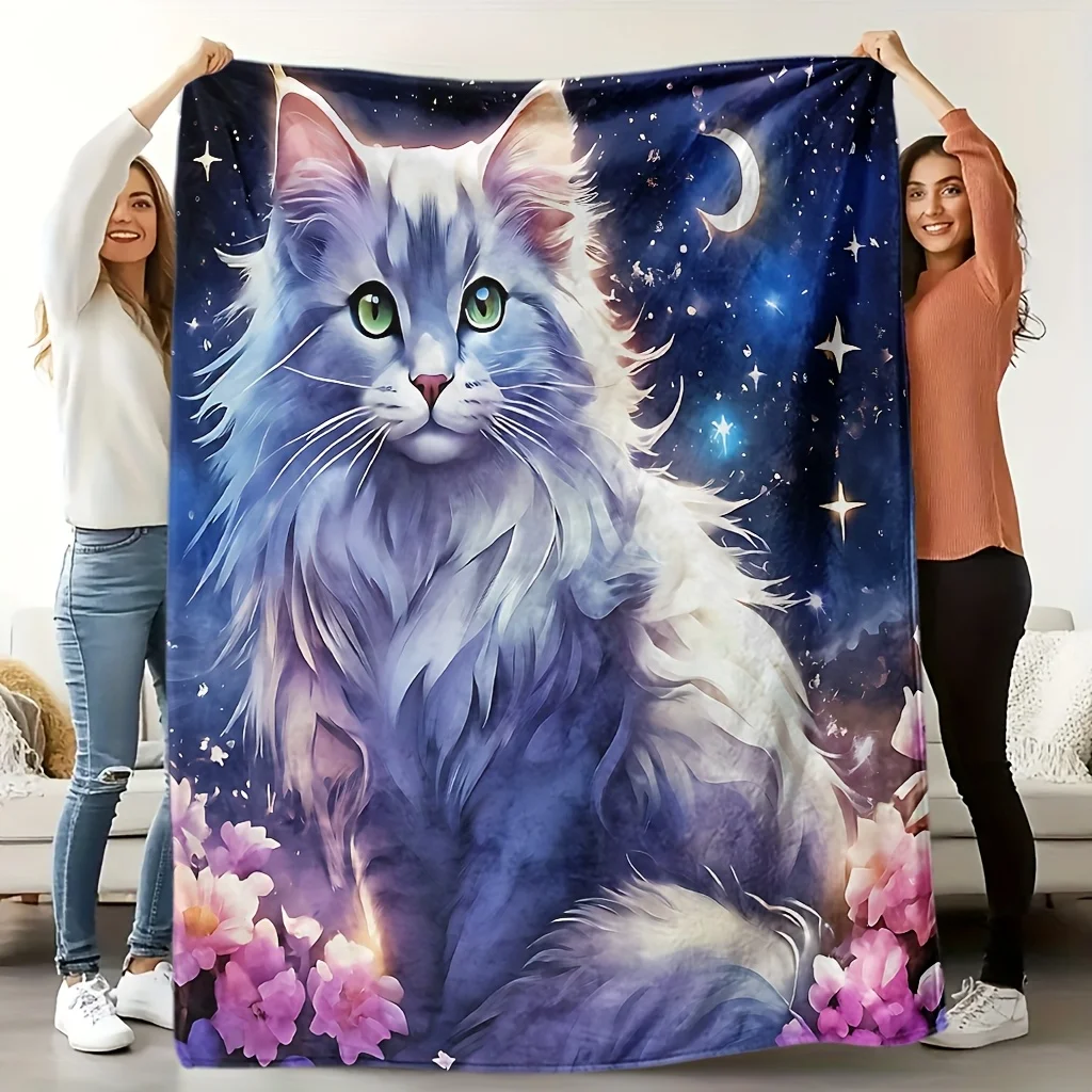 1pc Soft Flannel Cat & Starry Night Blanket - All-Season Cozy Bedspread with Fluffy Tabby Cat, Celestial Design Moon, Stars