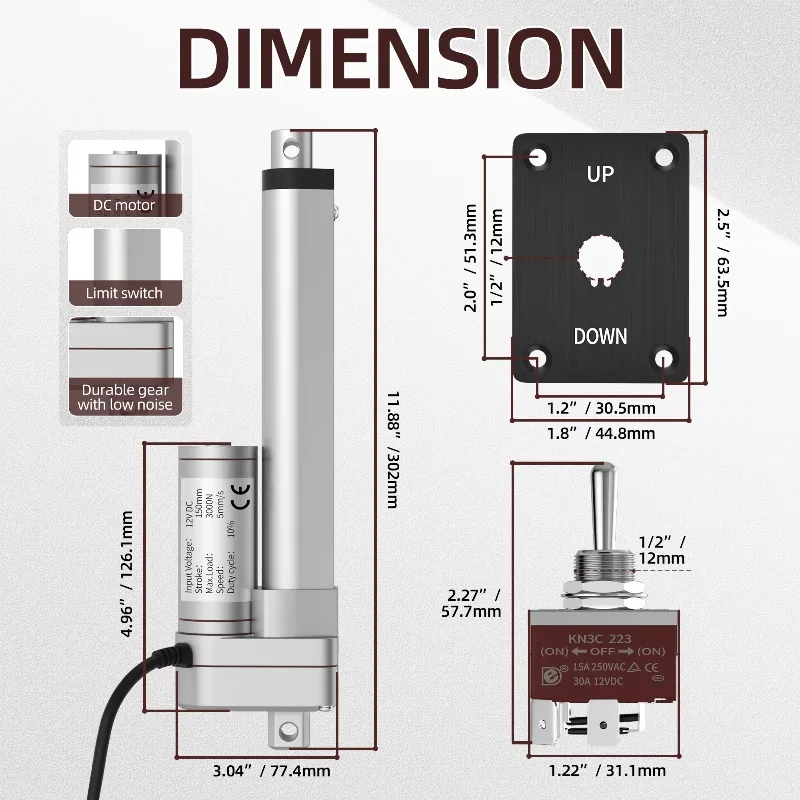 DC 12V Linear Actuator 6 Inch Stroke 3000N/660Lbs Thrust 5mm/s Speed with Feedback Potentiometer Electric Motion Actuator