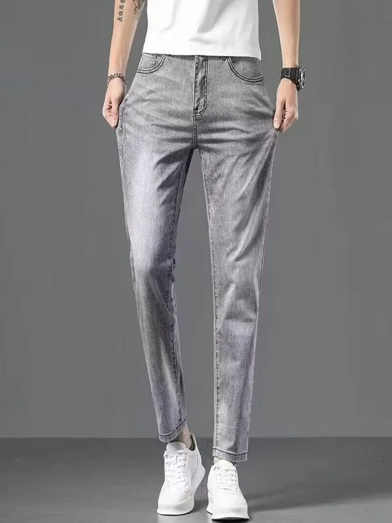 Gray Slim Jeans For Man Tight Fit Y2k Drip Original Unisex Street Basic Denim Pants No accessories or belts included