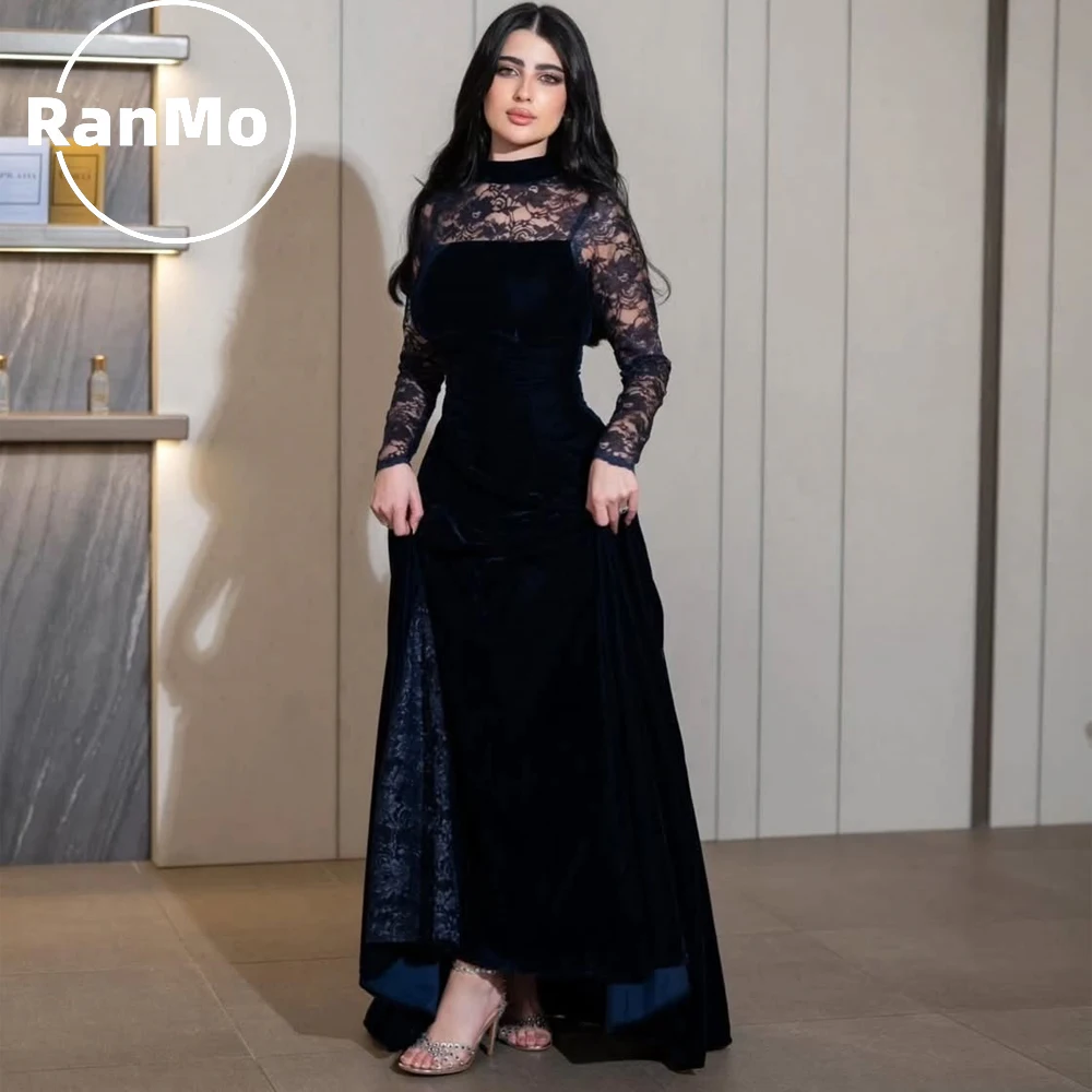 

Изысканное вечернее платье Ranmo 2026 с круглым вырезом, велюровое, плиссированное, с кружевом, драпировкой, силуэт «русалка», с высоким воротником, длинное, скромное