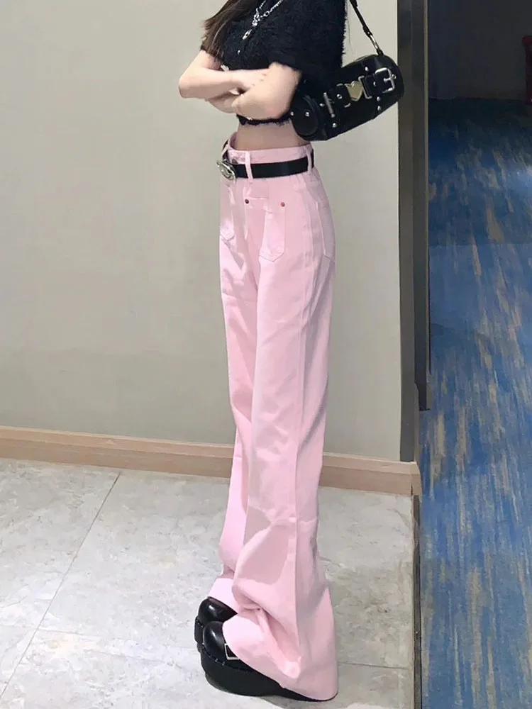 Fashion With Belt Denim Trousers Women Trend Sexy High Waist Slim Bell Bottoms Autumn Winter New Design Sweet Gyaru Pink Jeans