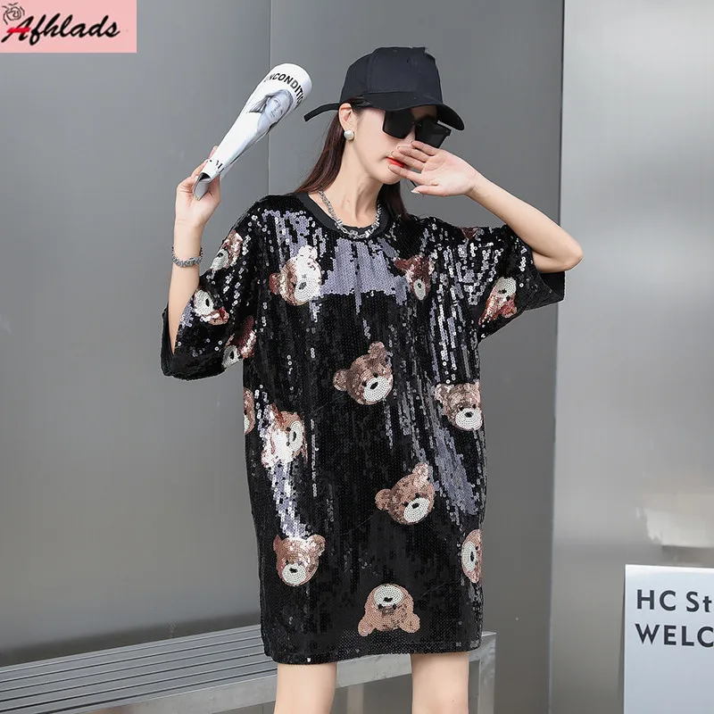 

Summer New Sequin Fashion Female Cartoon Print Short Sleeve Round Neck Straight Pullover Streetwear Loose Hip Hop Women's T-Shir