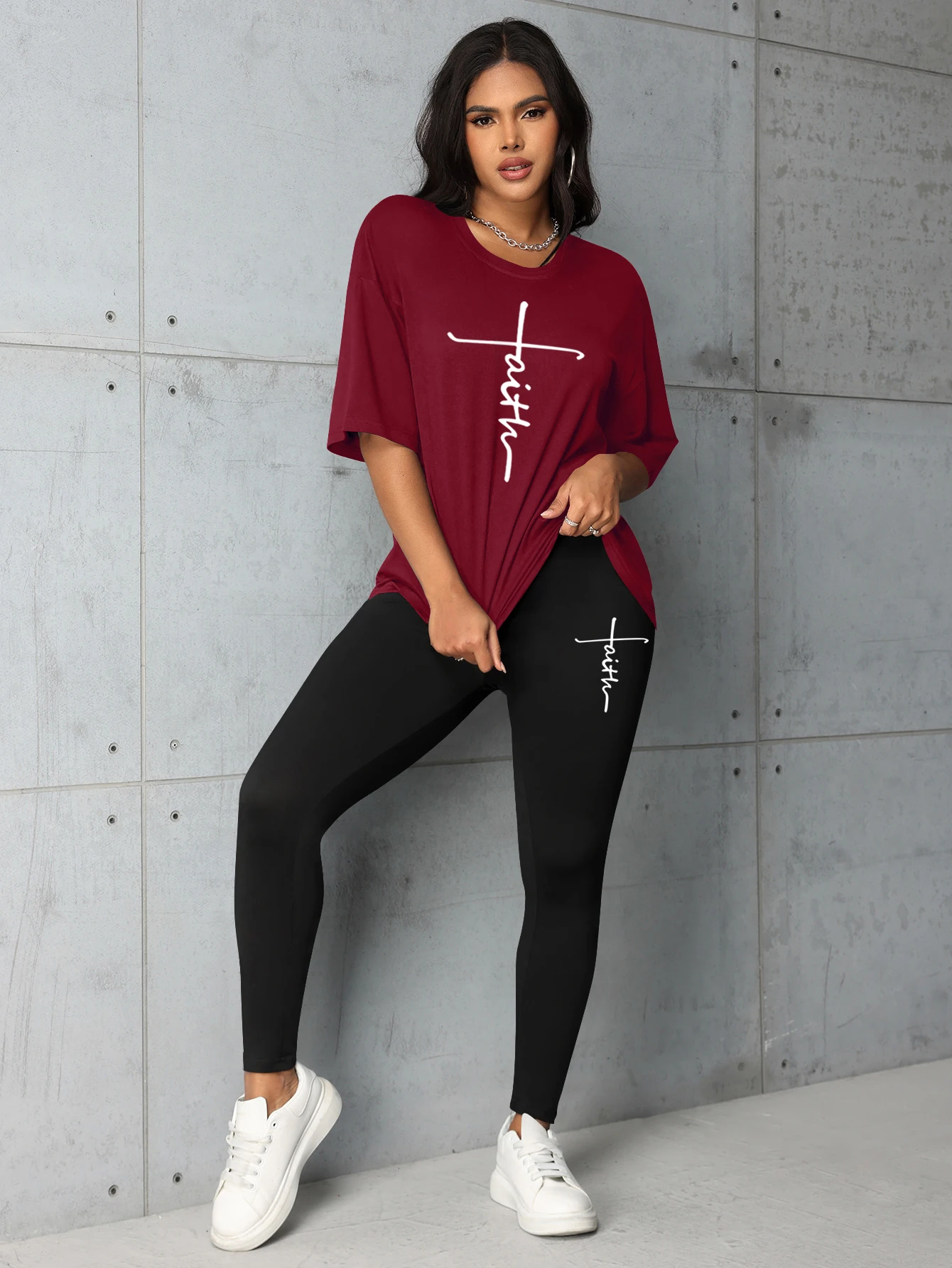 Women\'s summer fashion all-match Faith letter print loose large size T-shirt leggings two-piece set Short sleeves and long pants