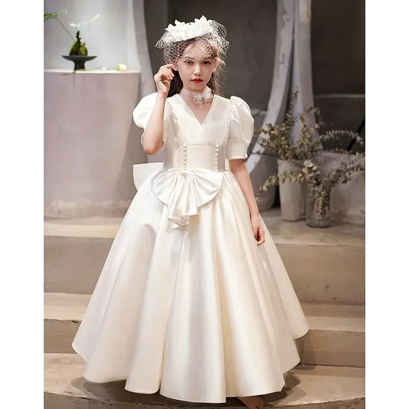 2023 Flower Girl Long Dress Kids Bridemaid Wedding Dresses For Children Big Bow Ball Gowns Girls Boutique Formal Elegant Frocks