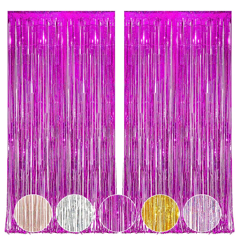 Tinlelフリンジカーテンの背景,ピンク,メタリックフォイル,誕生日,結婚式,独身パーティーの装飾,大人,子供,2m, 2パック