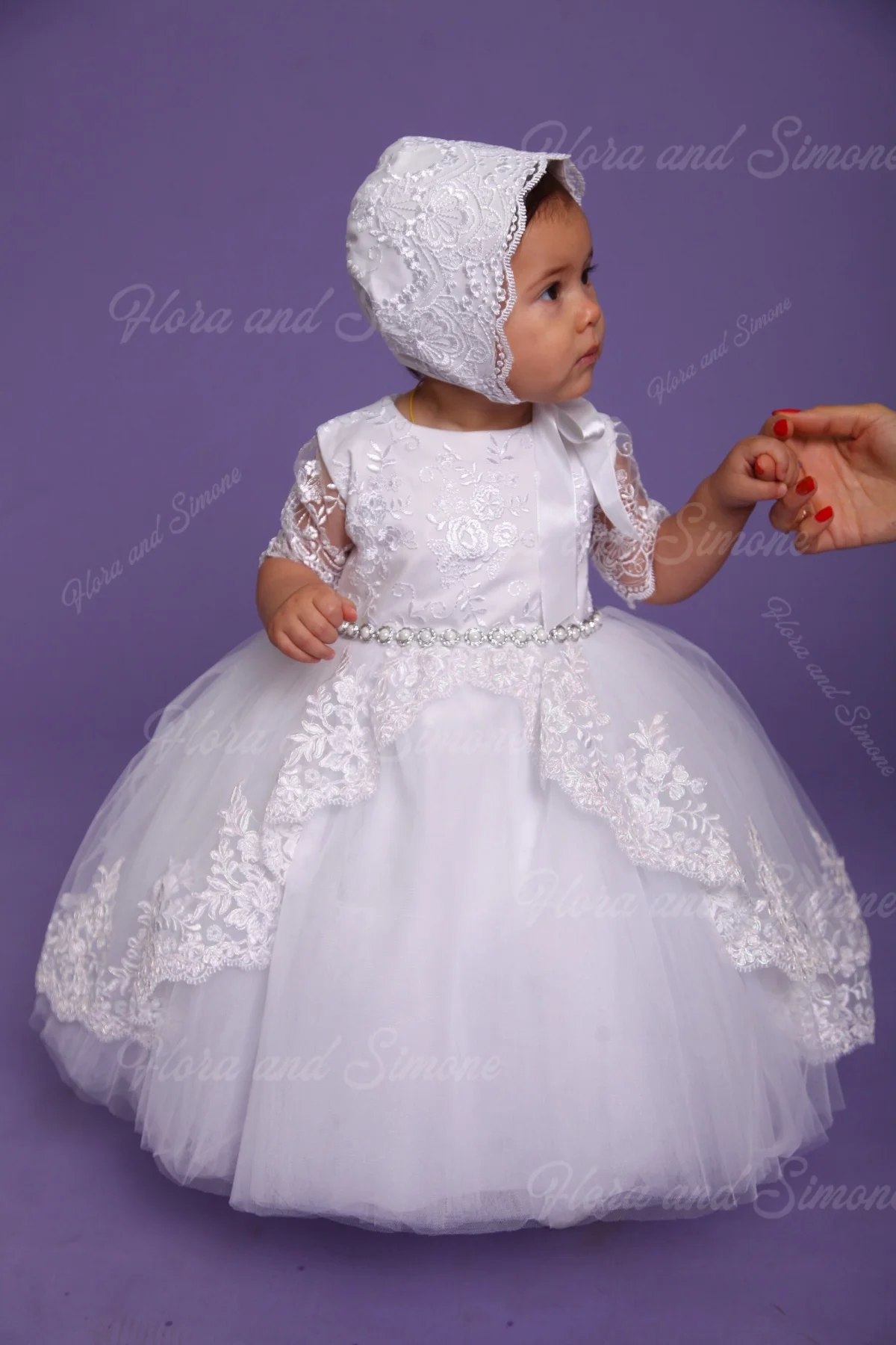 Pearl Chiffon Embroidery Short Sleeves Flower Girl Dress for Wedding First Communion Birthday Infant Baptism Party Customized