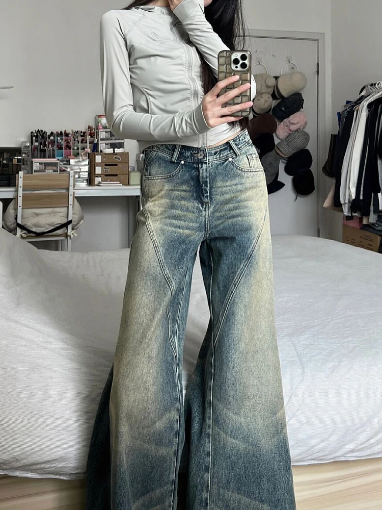 

Woman Tie-dyed Jeans Wide Leg Denim Baggy Pants Floor-Length Trousers Pockets Cargo Pants Zipper Fashion High Street Gyaru