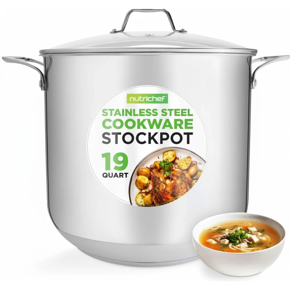 

19-Quart Stainless Steel Stockpot - Heavy-Duty Induction-Compatible Pot with See-Through Lid for Soups & Stews