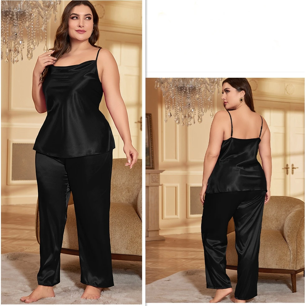 XL-5XL Large Size Pajamas Suit Sexy Strap Top&Pants Lingerie Women Satin Sleepwear Home Clothes 2Pcs Summer New Pyjamas Set