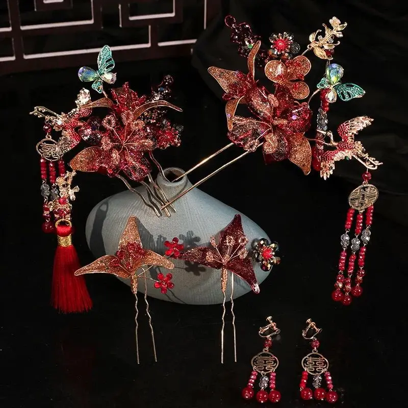 New Chinese Xiuhe Headdress Red New Style Cheongsam Simple Tassel Hairpin Xiuhe Clothing Wedding Dress Accessories