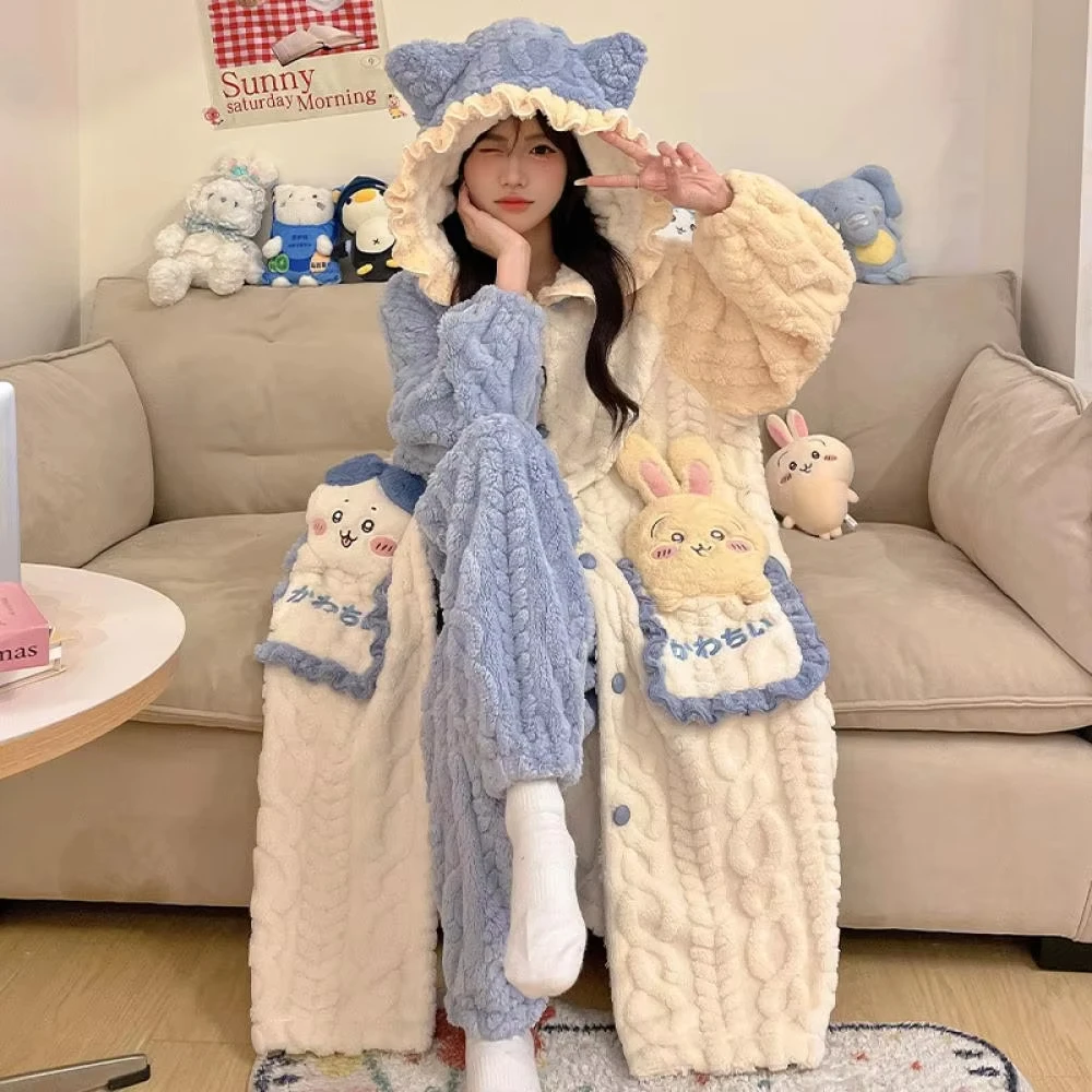 أنيمي سانريوس الكرتون Pochacco Kuromi المرأة أفخم منامة مجموعة لطيف المرجان الصوف الدافئة Homewear الشتاء الفتيات Kawaii ملابس النوم هدية