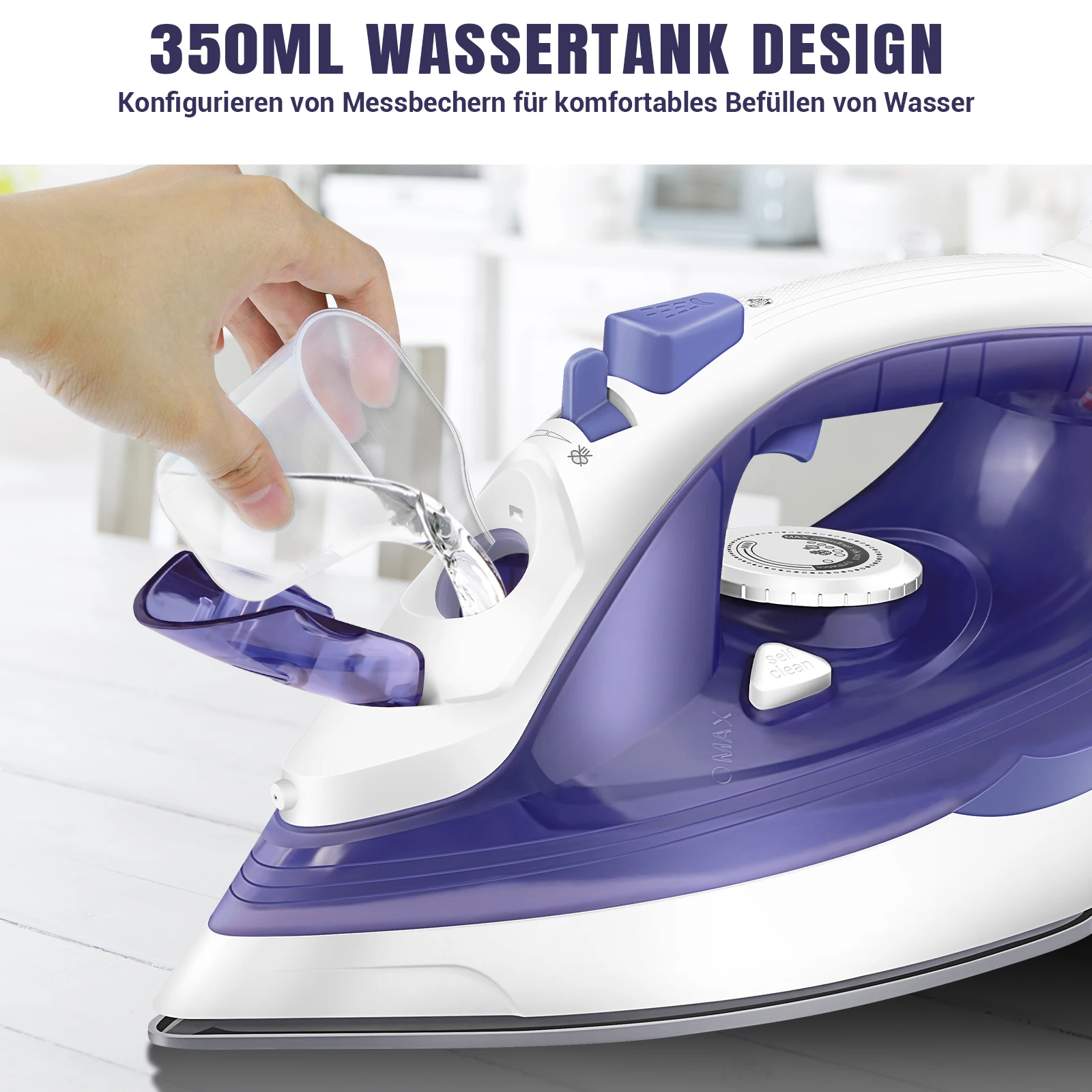 مكواة بخار محمولة بقدرة 3000 وات من BRIEFNESS، خزان 350 مل، قاعدة غير لاصقة، ترموستات قابل للتعديل، مضادة للتنقيط/مضادة للميزان، المنزل/السفر