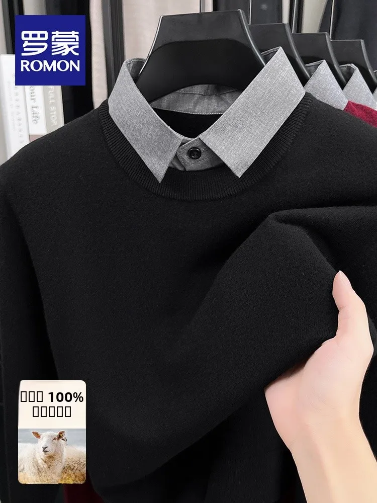 

Мужской вязаный свитер из 100% чистой шерсти с воротником-стойкой, имитация двухслойности, корейский стиль, осенне-зимний, деловой, теплый, цветной