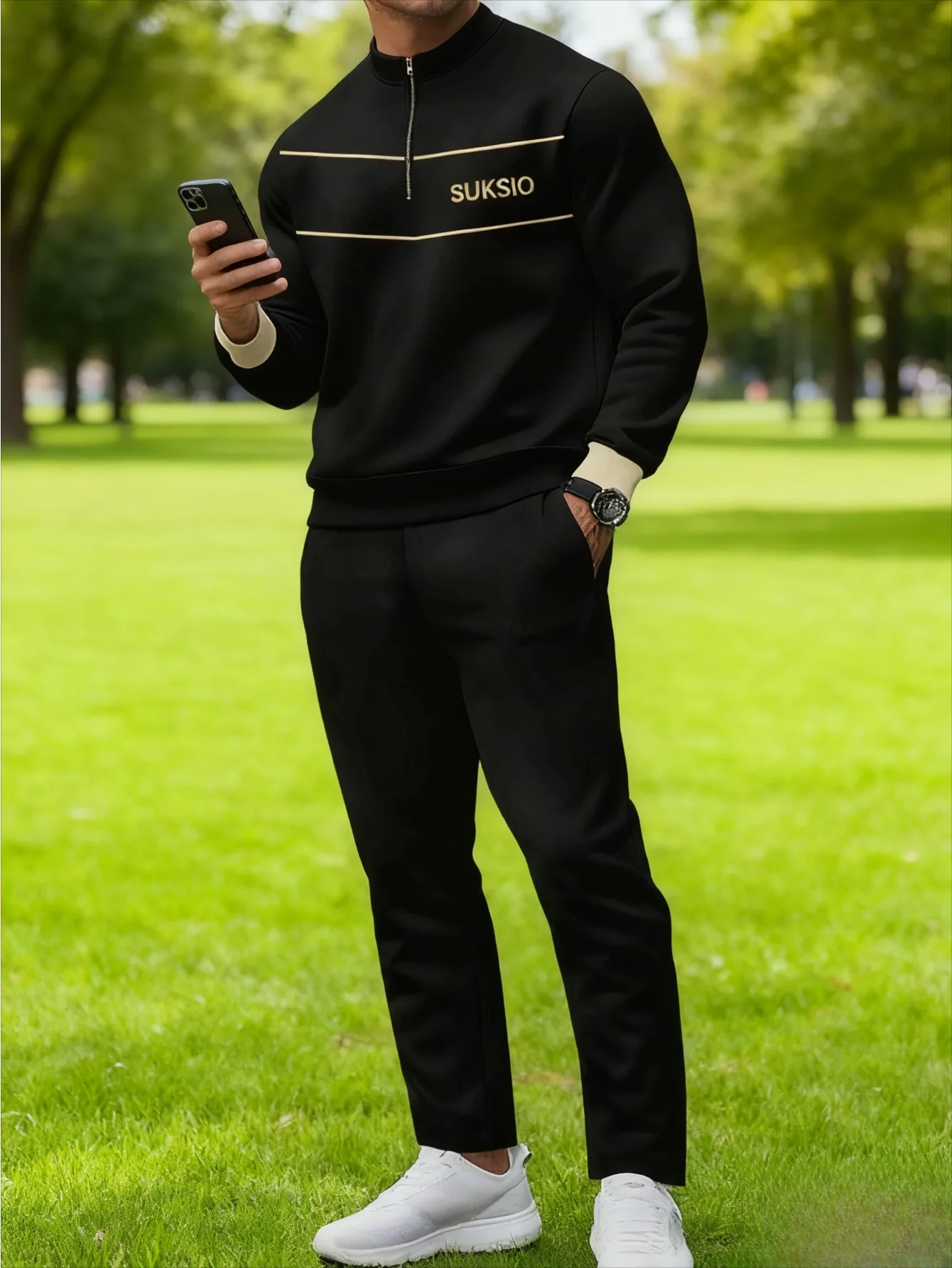 Conjunto de 2 piezas, conjunto deportivo de manga larga y pantalones largos a la moda para hombres europeos y americanos