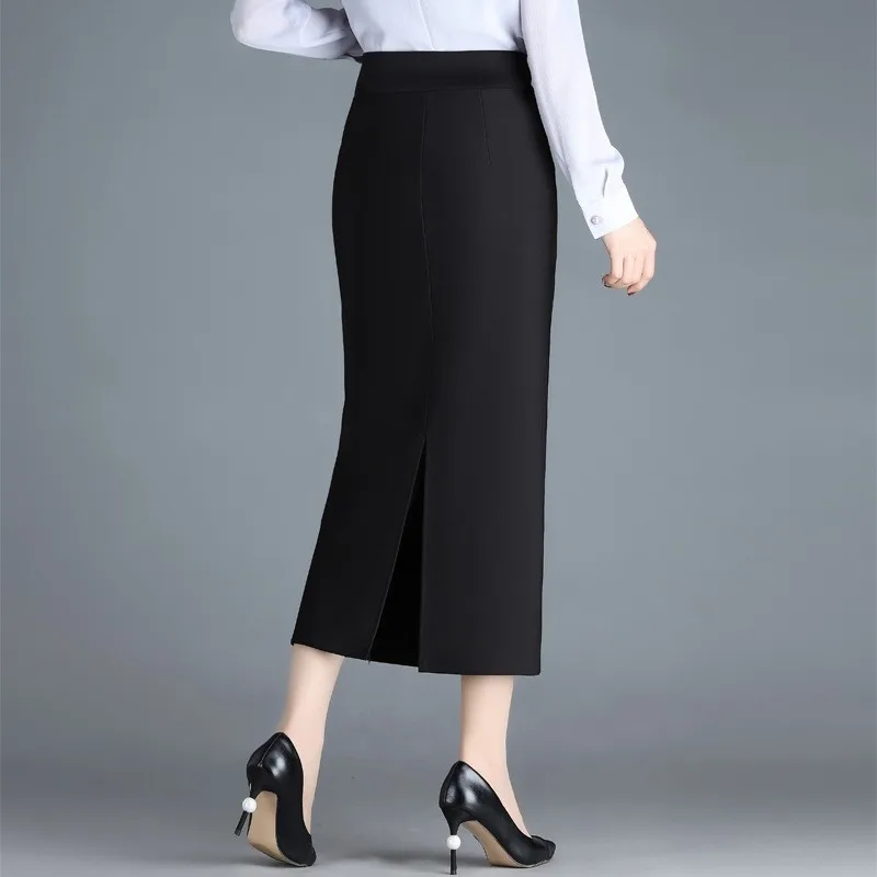 Stretch Pencil Skirts for Women, Office Lady, Formal Black Midi Skirts, Elegant Female Package Hip Skirts, Spring and Autumn