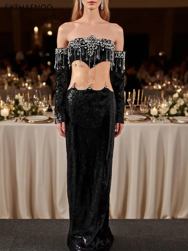 SXTHAENOO 2025 lentejuelas Patchwork fuera del hombro Maxi Vestido Sexy de manga larga recortado ceñido al cuerpo Vestido de celebridad vestidos de noche Vestido