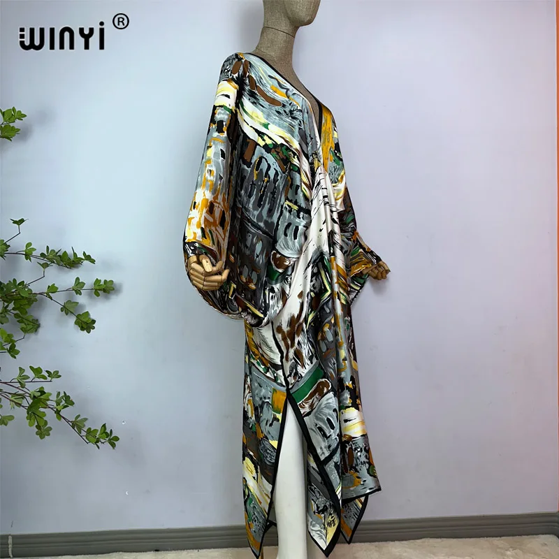 2023 WINYI Sexy Beach High-Quality Silk Feel Fashion Print Maxi Women's Robes Long V-Neck Bohemian Dress Party Evening Dress