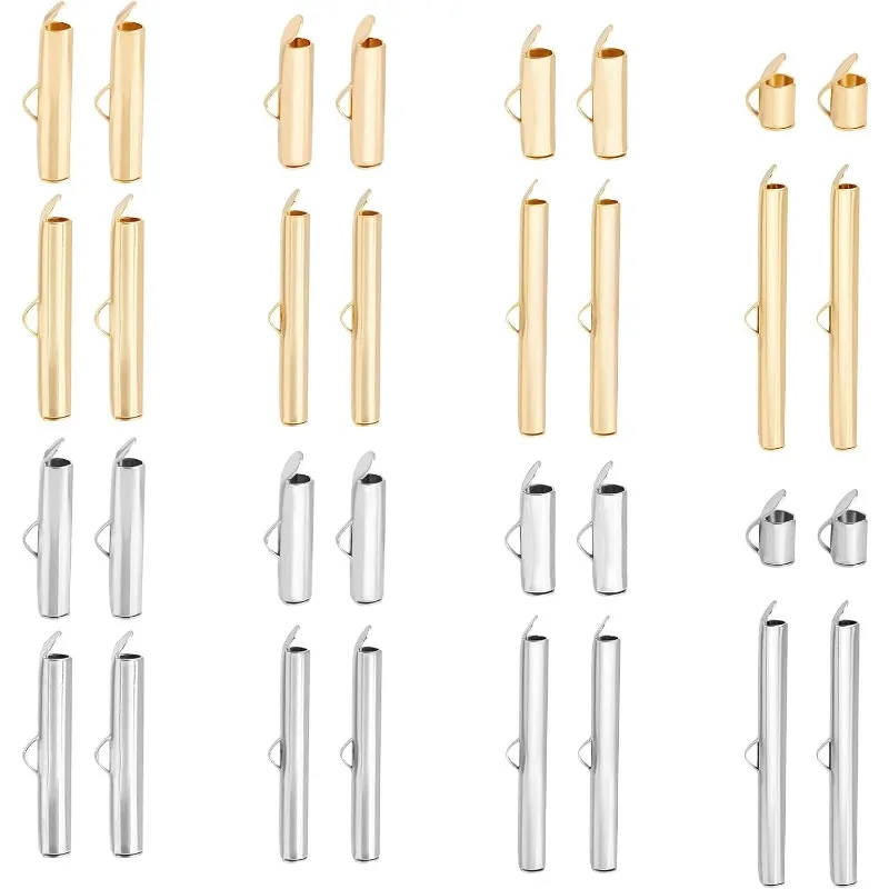 64Pcs 2 Styles Stainless Steel Slide On End Clasp 2 Colors Tubesr End Caps Crimp End Tube Buckle Clasps for Bead Looms Seed