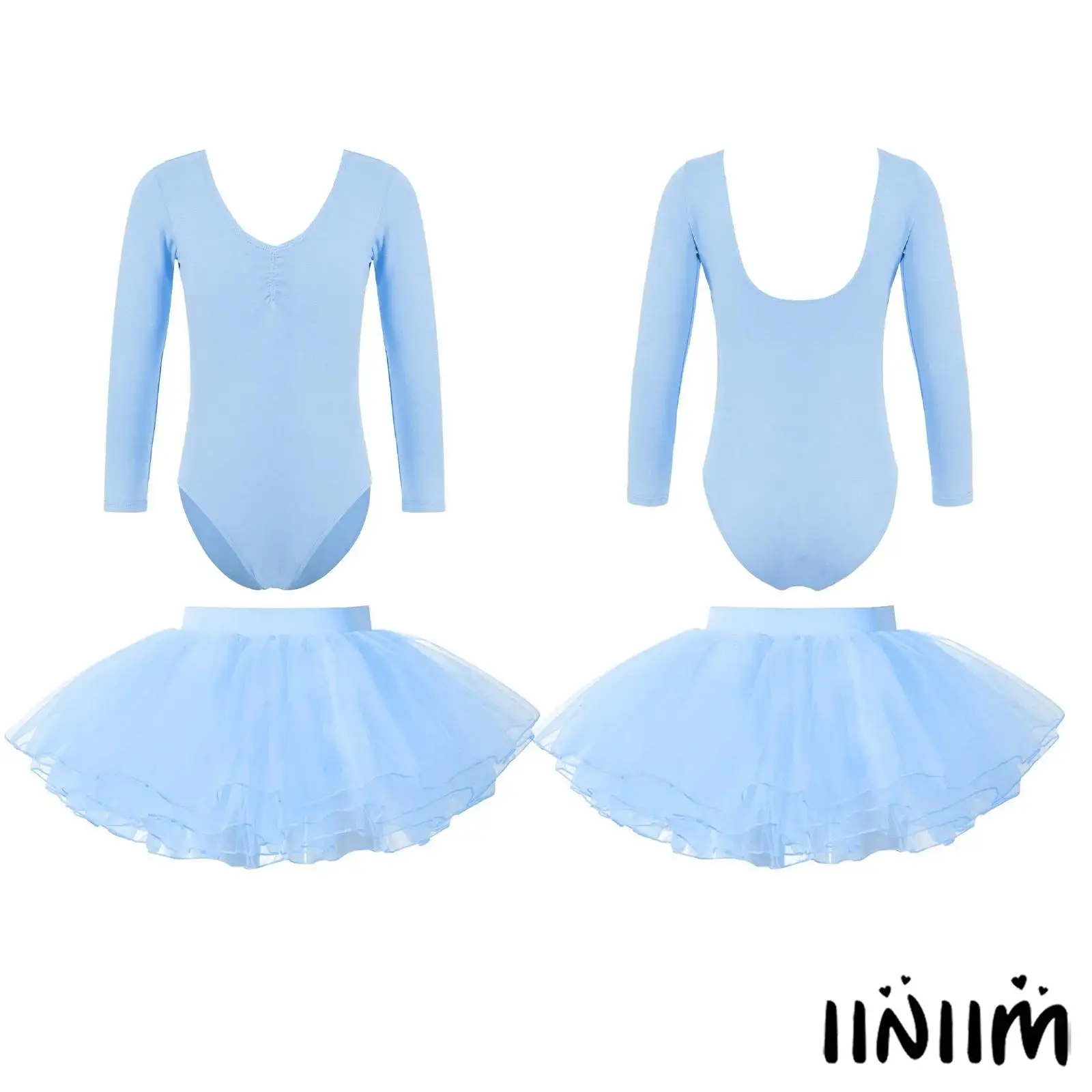 

Kids Girls Ballet Dance Outfit Long Sleeve Solid Color Leotard with Four-Layer Tutu Mesh Skirt Stage Performance Costume