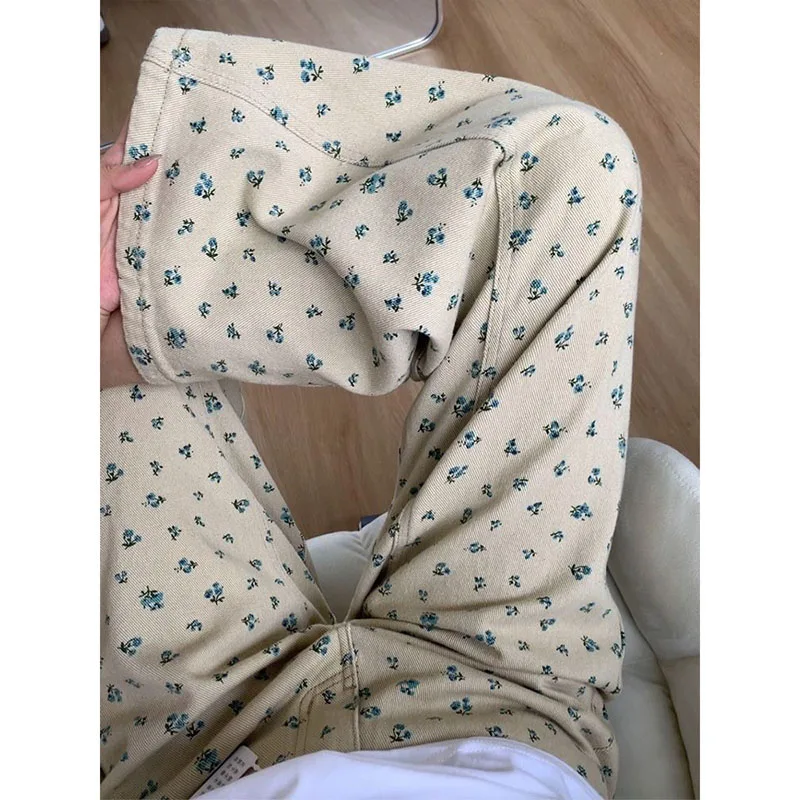 

Женские новые прямые джинсы цвета хаки в стиле ретро с цветочным принтом, весенне-осенний дизайн, свободные и универсальные широкие модные джинсы с высокой талией