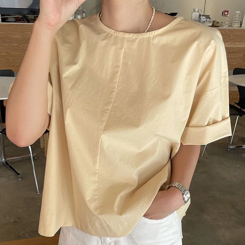 French Style Casual Open Back Hollow Out Design Shirt Loose All Match O-neck Summer Tops Korean Fashion Backless Ruched Blusas