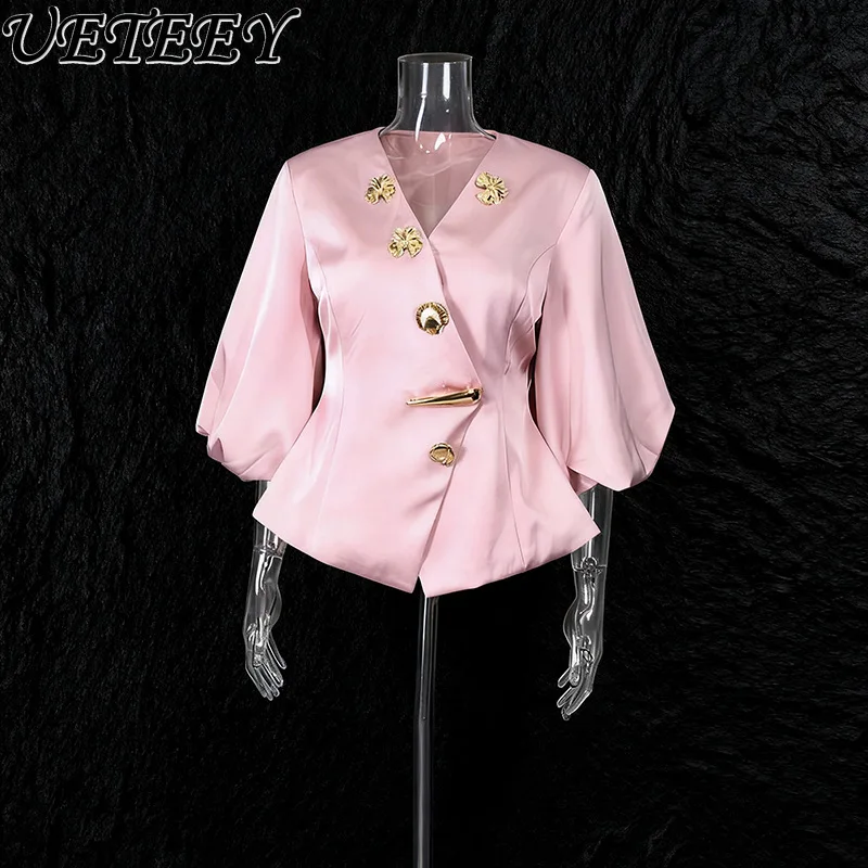 الطازجة الحلو أنيقة نمط نصف نفخة كم بلايز موضة جديدة زر معدني المرقعة الخامس الرقبة الخصر مقصوص قميص للنساء #1