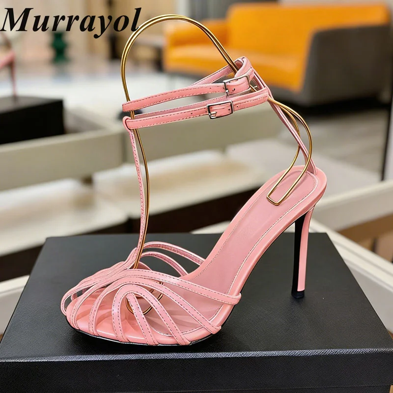 

Closed Toe Sandals Women Genuine Leather Ankle Strap Narrow Band Hollow Out Thin High Heel Sandaials Summer Banquet Dress Shoes